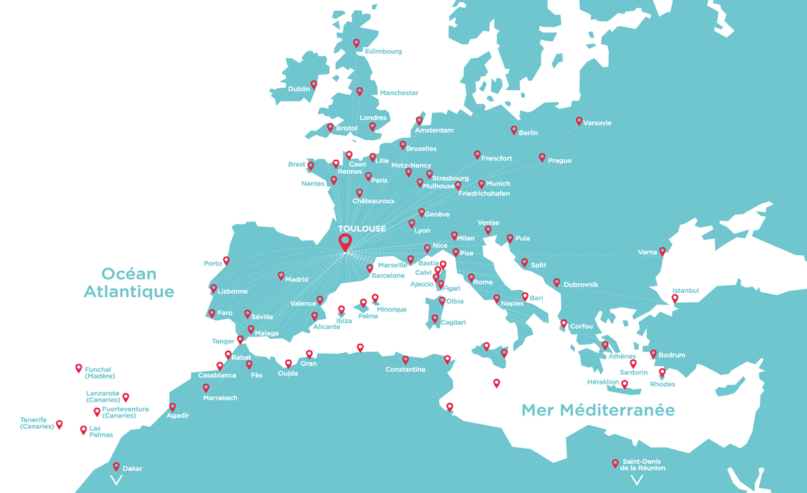 Carte Europe aéroport de Toulouse